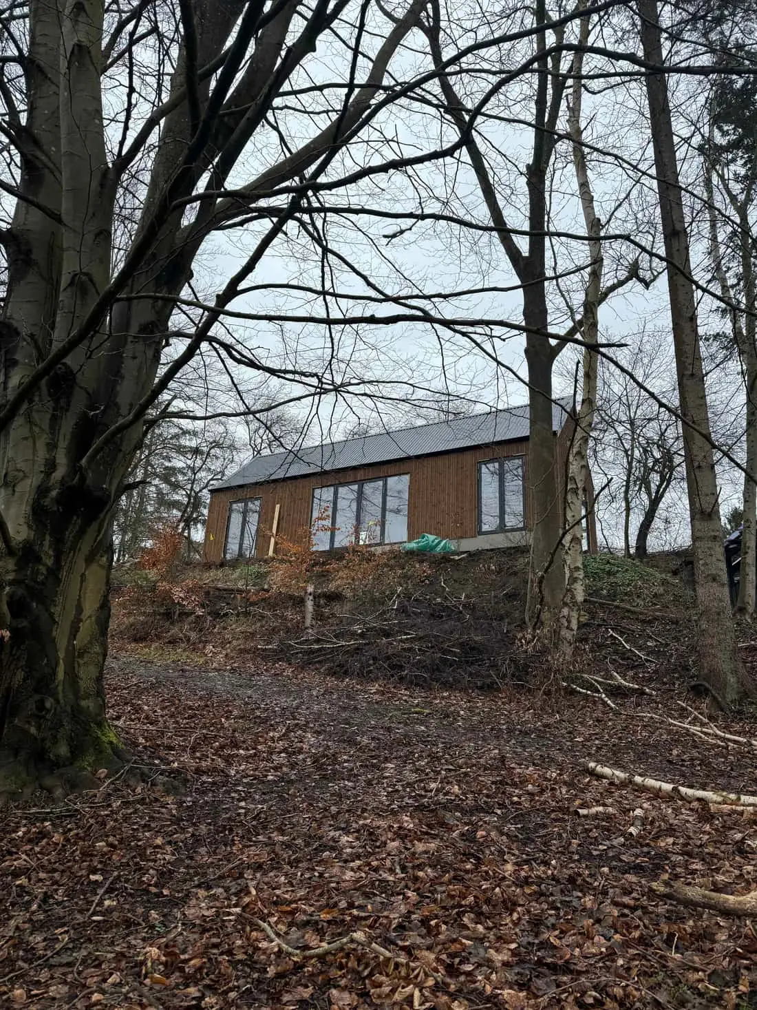 Nyopført sortmalet hus med lange vinduespartier set fra haven